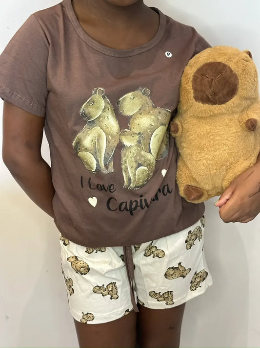 Pijama Feminino Baby Look Capivara - 100% Algodão