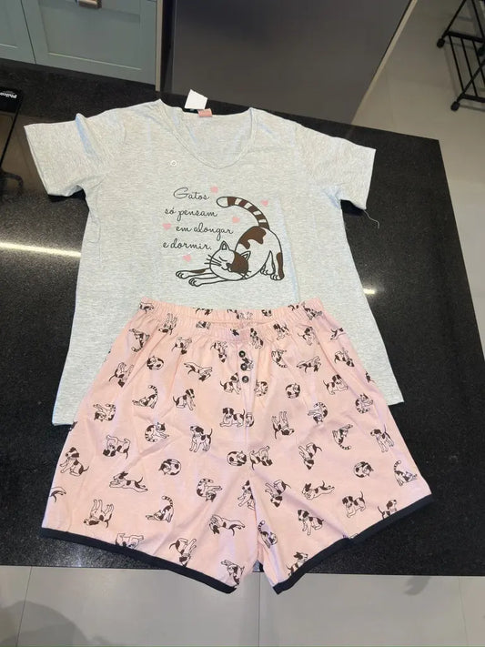 Pijama Feminino Decote V - Estampa Gato - 100% Algodão
