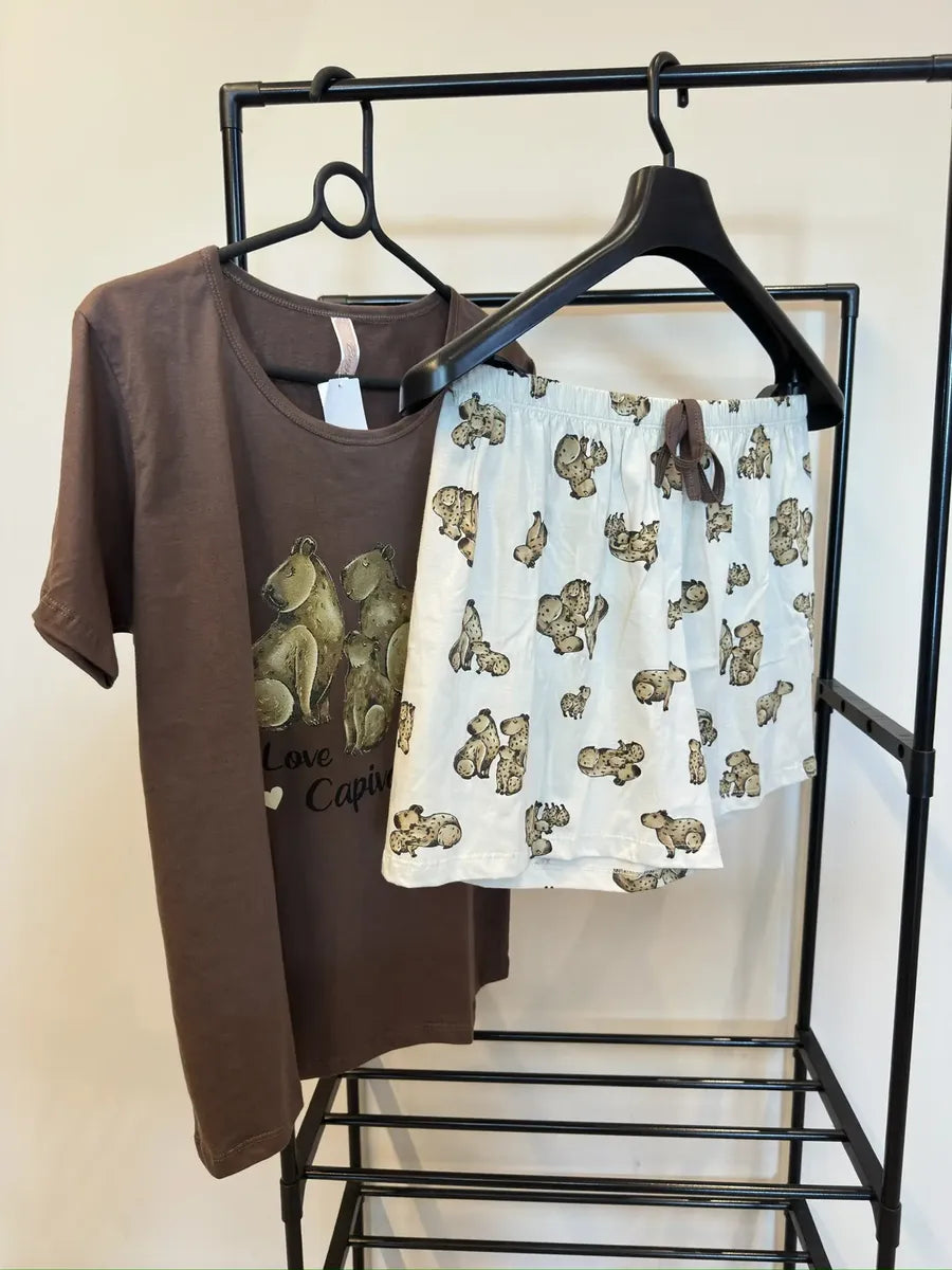 Pijama Feminino Baby Look Capivara - 100% Algodão