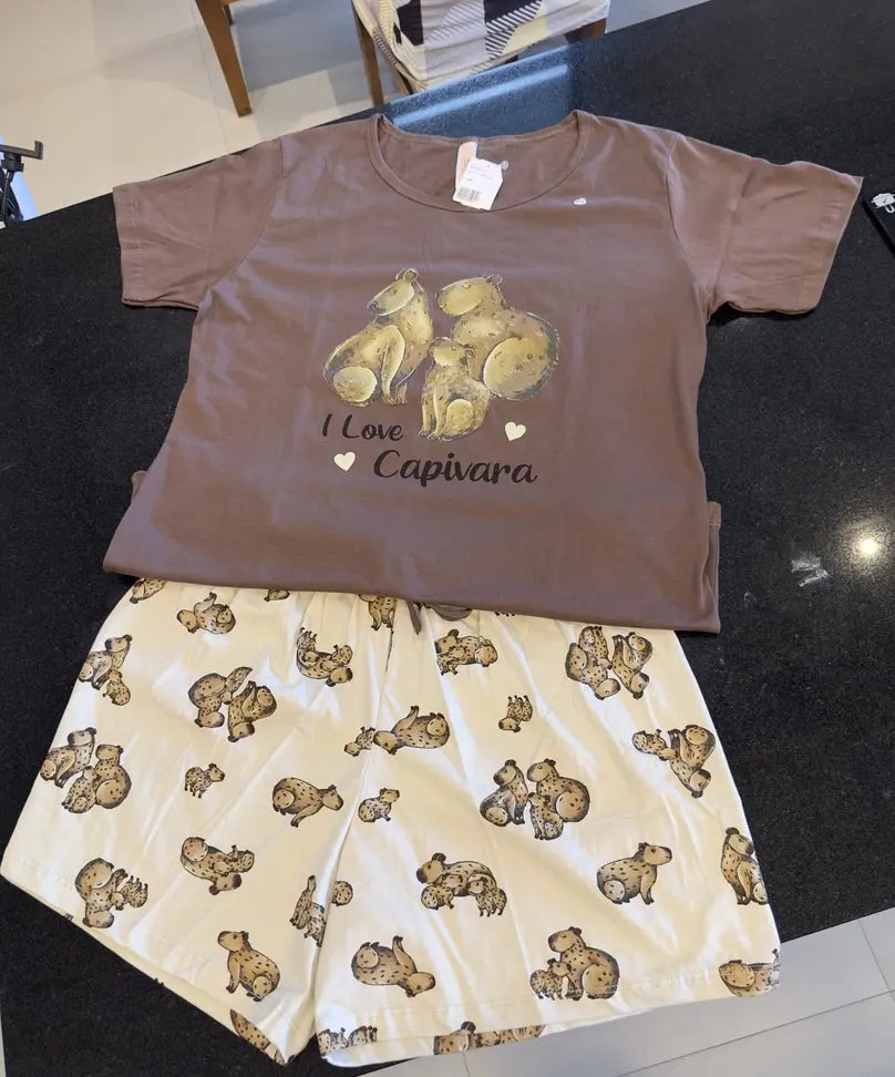Pijama Feminino Baby Look Capivara - 100% Algodão