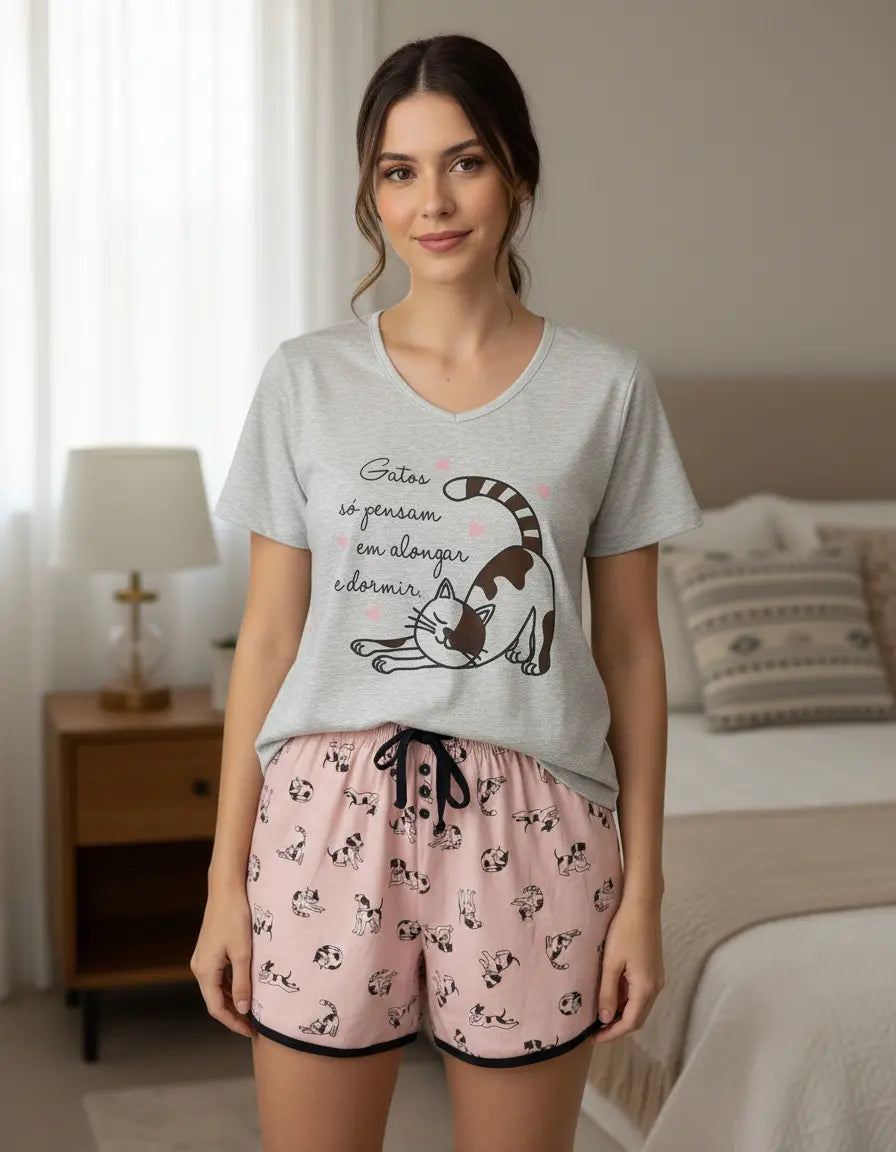 Pijama Decote V Gato